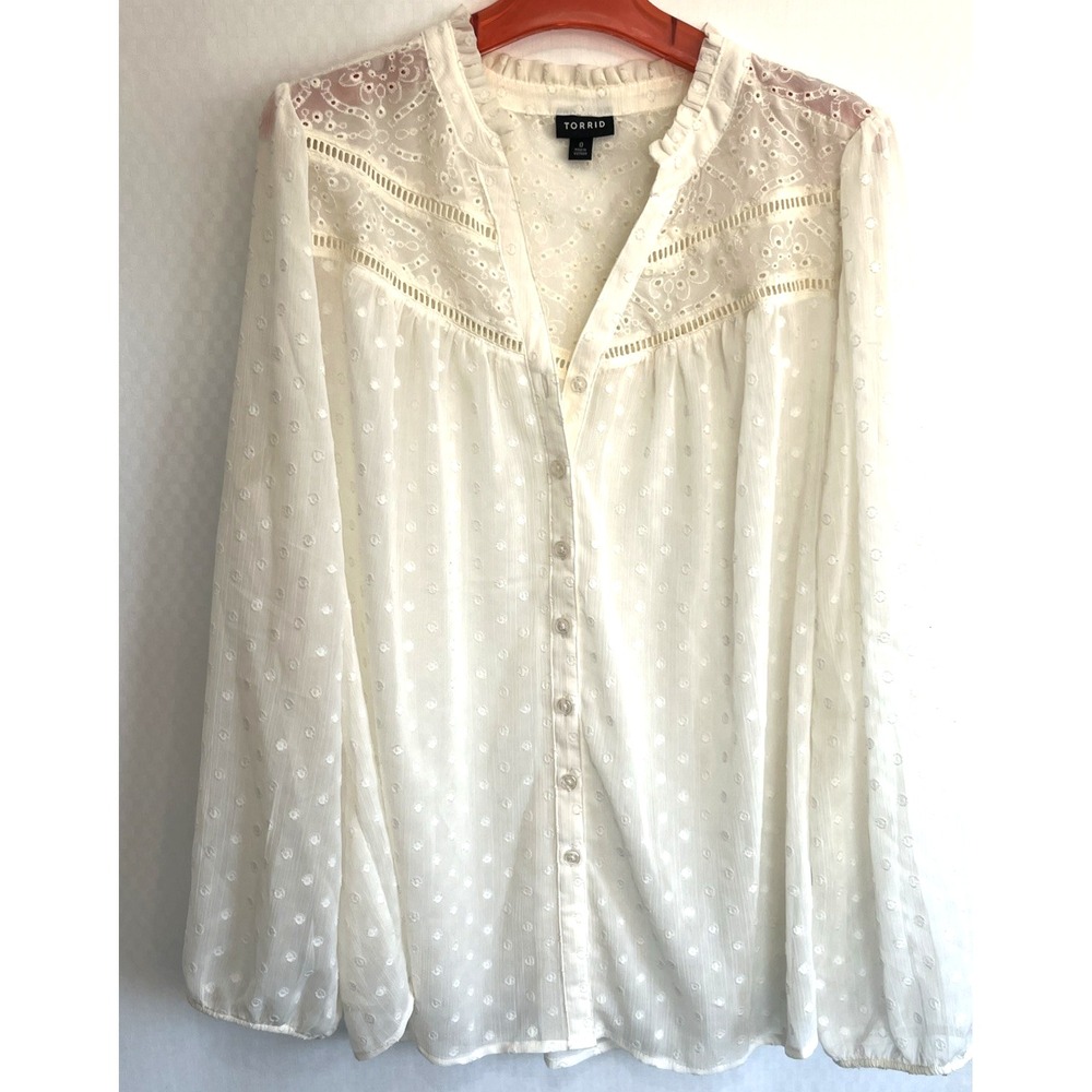 Torrid Top Women's Size  0 Ivory Chiffon Swiss Dot Split Neck Peasant Blouse